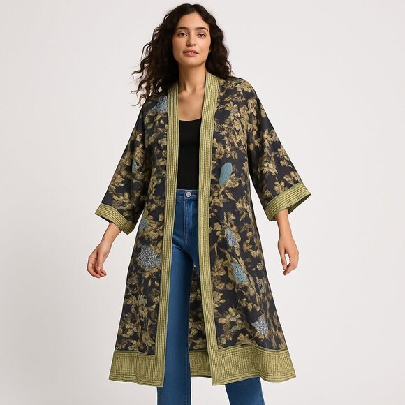 handprint Jackets & Blazers - Handprint Cotton Boho Kimono Duster Robe Bird Floral Print OS Black